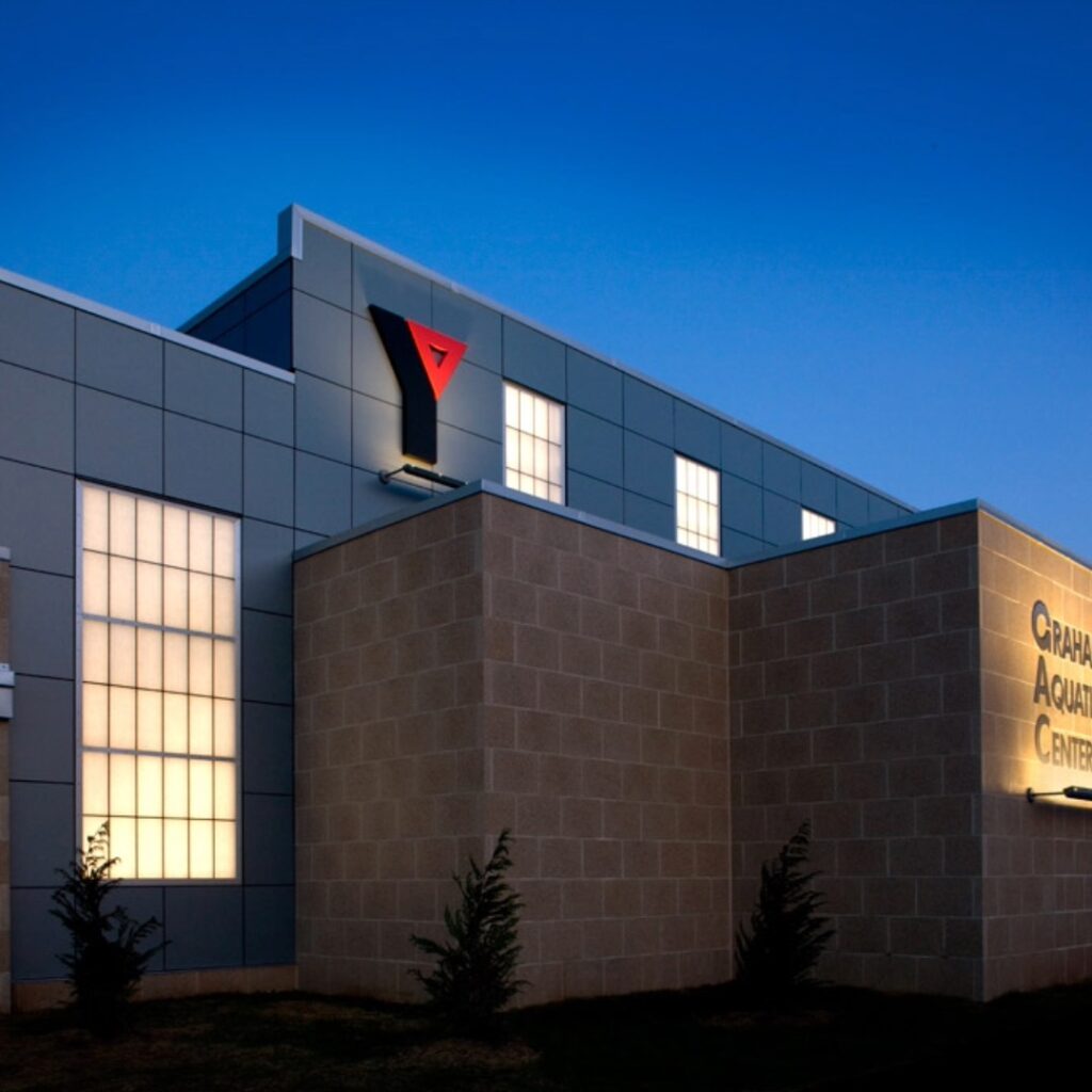 YMCA Graham Aquatic Center Illuminated Exterior at Night